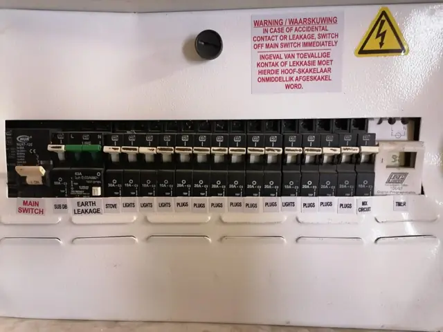 Labelled distribution board with warning notice