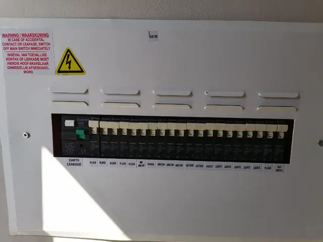 Closed distribution board with every circuit labelled and the warning notice fitted